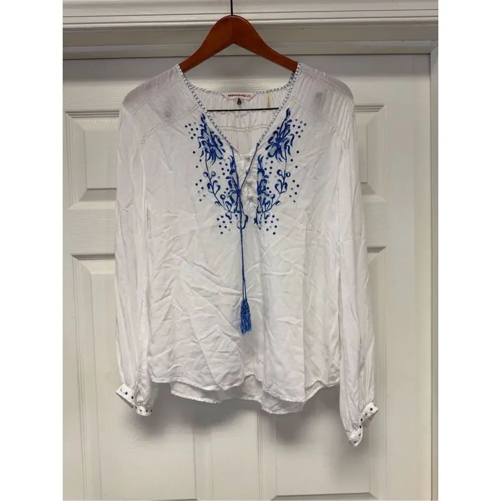 Rebecca Taylor White & Blue Embroidered Tassel Tie Peasant Blouse Sz 12 EUC